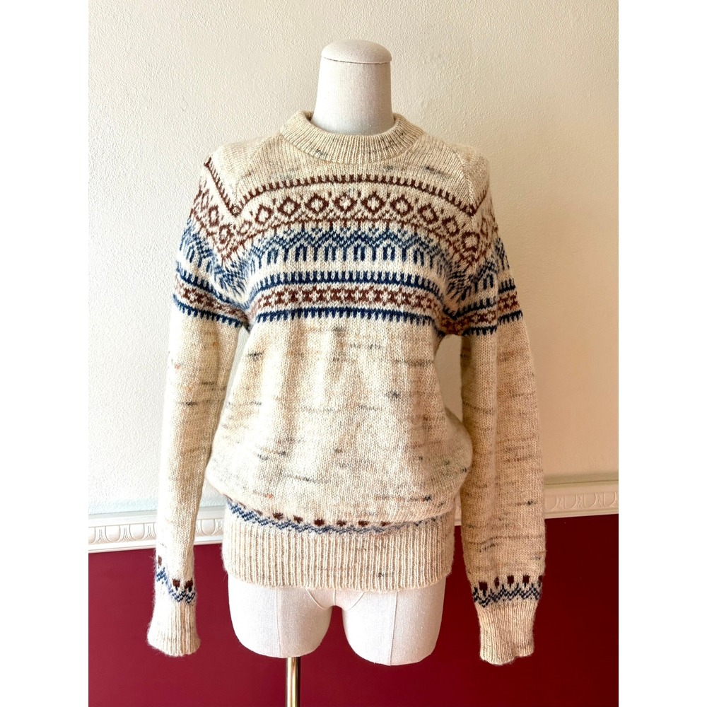 Vintage Winona Knits 100% Wool Fair Isle Sweater L Cream USA Made Classic Nordic